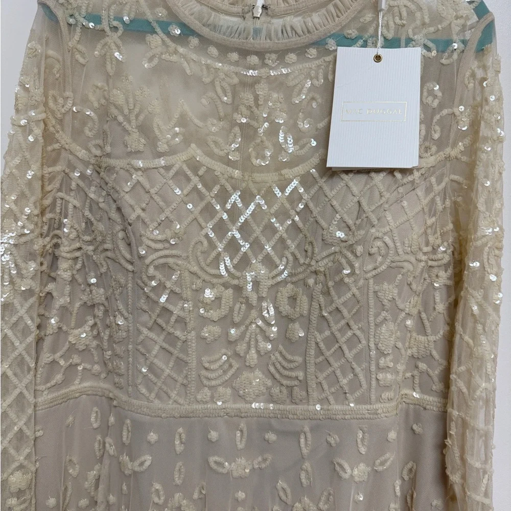 NWT | Mac Duggal Nude Sequined High Neck Long Sleeve Midi Dress Size 16 - Picture 4 of 13